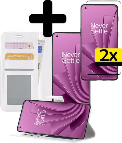 Hoesje - Met 2x Screenprotector - Geschikt voor OnePlus 10 Pro - Luxe Pasjeshouder - Bookcase Portemonee - Flip Case - Kunstleer Book Case - Flipcase Hoes - Book Cover - Walletcase - Portemonneehoes - Telefoonhoesjes - Wit