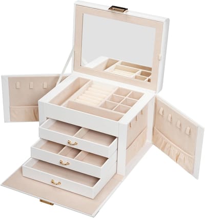 4-laagse Sieradenbox met 3 Laden, Draagbare Sieradenopberger met Handvat en Sluiting, Organizer met Spiegel voor Kettingen, Ringen en Oorbellen, Wit