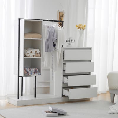 Sweiko Kledingkast, garderobeset + kleerhangers, commode met 4 laden en 3 vakken, 140*40*135, Wit