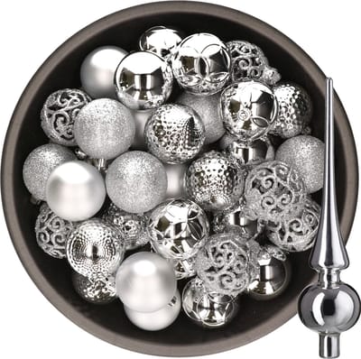 Decoris Kerstballen - 37x stuks - 6 cm kunststof - met glazen piek glans - zilver