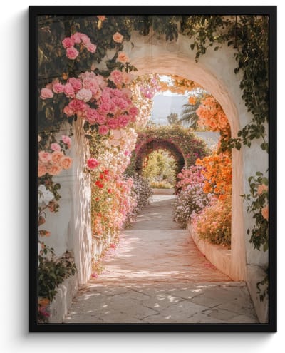 Poster in lijst - Fotolijst 50x70 cm - Posters - Doorkijk - Boog - Bloemen - Pastel - Posterlijst zwart - Decoratie - Wanddecoratie woonkamer - Muurdecoratie slaapkamer