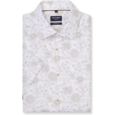 OLYMP Luxor modern fit overhemd - korte mouw - popeline - wit met beige bloemen dessin - Strijkvrij - Boordmaat: 44 (EU maat: XL)
