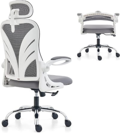 HOLLUDLE Ergonomische Bureaustoel Met Opklapbare Rugleuning - Opklapbare Armleuningen - Mesh Lendensteun - 2D Verstelbare Hoofdsteun - Grote Comfortabele Computerstoel In Wit Voor Thuis En Kantoor