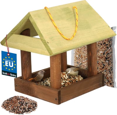 KOTARBAU® Hangend Houten Vogelvoederhuisje, 27 x 20 x 24 cm, Vogelvoederhuisje Om Op Te Hangen, Vogelvoer 0.5 kg, Weerbestendig, Bruin & Groen, Voor Tuin Balkon Terras