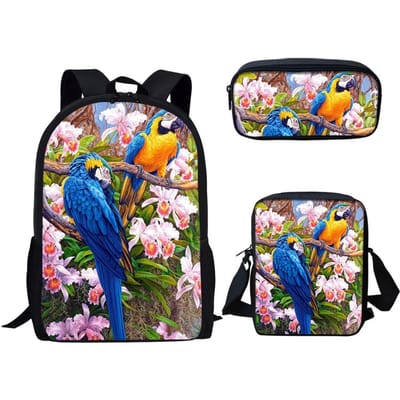 Klassiek Nieuwigheid Papegaai Vogel Patroon 3D Print 3 stuks/Set Schooltassen Laptop Dagrugzak Rugzak Schuinhangende schoudertas Etui