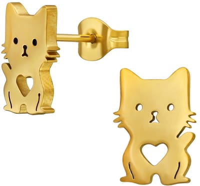 CS Joy - kat poes oorbellen - Chirurgisch staal - kat met hartje oorknoppen - 8 x 11 mm - ip/pvd gold plated