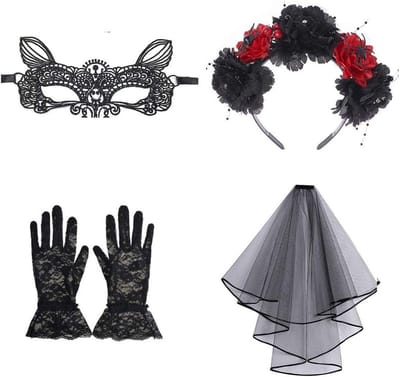 Halloween kostuumset met haarband, zwarte sluier, rozenketting, kanten masker en korte handschoenen voor een spookachtige uitstraling.