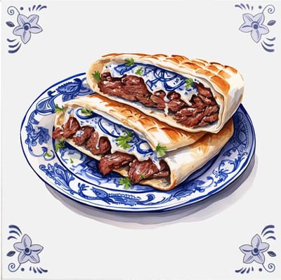 Delfts blauw tegeltje broodje kebab design - delfts blauw wandbord - delftsblauw - hollandse cadeautjes - wanddecoratie - decoratieve accessoires