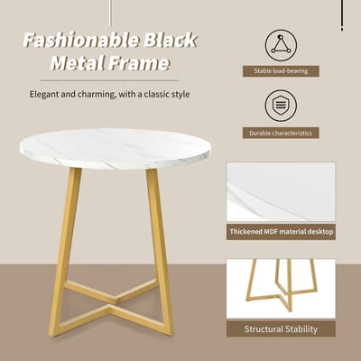Gutent Ronde Eettafel (1 stuk), Wit/Goud, MDF-materiaal, Eettafel voor keuken, uniek metalen frame, moderne eettafel met marmerpatroon voor eetkamer, woonkamer