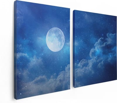 Artaza Canvas Schilderij Tweeluik Volle Maan in de Blauwe Hemel met Sterren - 120x80 - Foto Op Canvas - Canvas Print