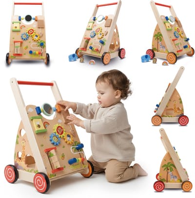 sun baby Babyspel en loopwagen - Bruin, loopwagen speelbord met interactief speelgoedwielen, rubber, voor kinderen 12-36 maanden