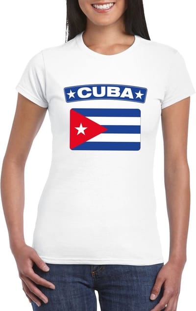 Vlag Cuba t-shirt - wit - met vlag van het land print - voor dames - korte mouwen - supporters S