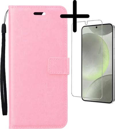 Hoesje Met Screenprotector - Geschikt voor Samsung Galaxy S24 - Luxe Pasjeshouder - Bookcase Portemonee - Flip Case - Kunstleer Book Case - Flipcase - Book Cover - Walletcase - Portemonneehoes - Lichtroze