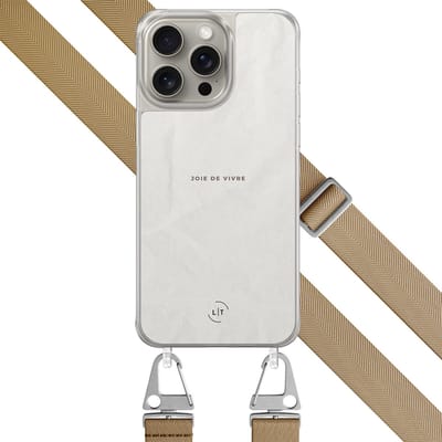 Hoesje met beige koord - Geschikt voor iPhone 15 Pro Max - Joie de vivre - Verstelbaar & verwisselbaar koord - TPU backcover - Grijs - Leuke Telefoonhoesjes