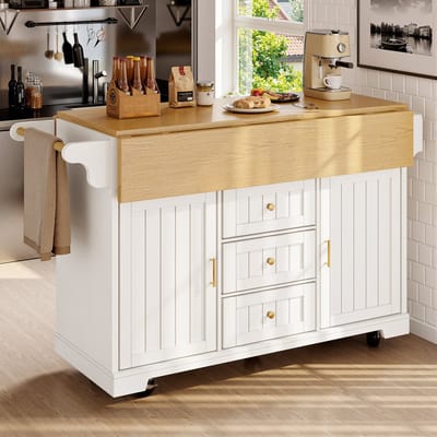 Kookeiland, Kast, Buffetkast 120 x 40 (80) x 95 cm, Uitschuifbare keukenkar met wielen, aan twee kanten uitschuifbaar, met handdoekhouder en kruidenrek, twee deuren, drie lades, zwart/wit