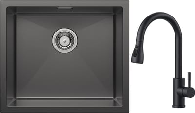 CECIPA max Spoelbak Keuken Antraciet 50x44cm - Spoelbakken Keuken Met Keukenkraan met Uittrekbare Uitloop - Enkele spoelbak - Spoelbakken met Afdruip - Voor onderkasten vanaf 50 cm breed