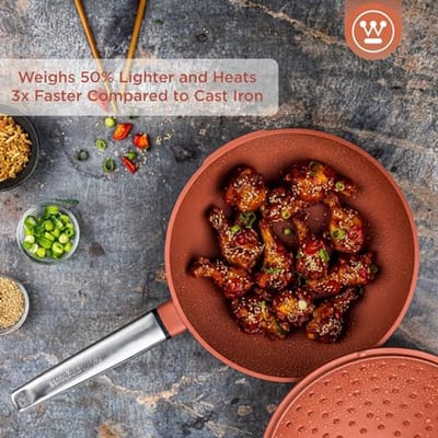 28 cm Wokpan met Deksel - Geschikt voor Inductie, Alle Warmtebronnen en Oven - Koel Aanvoelende Handgreep - Rood