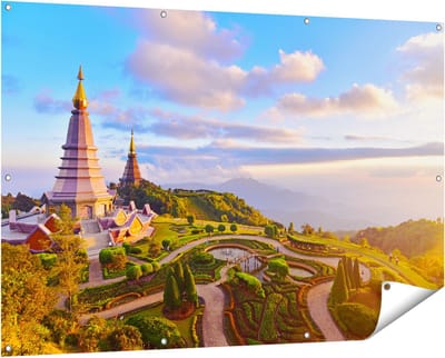 Gards Tuinposter Pagode Tempels in de Inthanon Berg in Thailand - 150x100 cm - Tuindoek - Tuindecoratie - Wanddecoratie buiten - Tuinschilderij