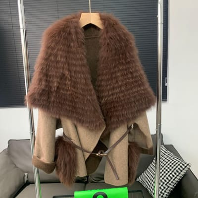 Nouveau Manteau de Fourrure Cape Grand Col de Fourrure Épissage Vêtements Courts M brun foncé