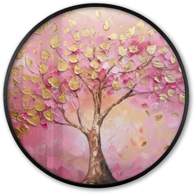Poster in lijst Rond - Fotolijst 60x60 cm - Posters - Boom - Roze - Goud - Modern - Ronde posterlijst zwart - Decoratie - Wanddecoratie woonkamer - Muurdecoratie slaapkamer