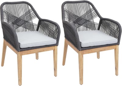 Set van 2 tuinstoelen MCW-H56b, armstoel voor buiten, weerbestendig touwvlechtwerk Touwhout acacia ~ donkergrijs Kussens lichtgrijs