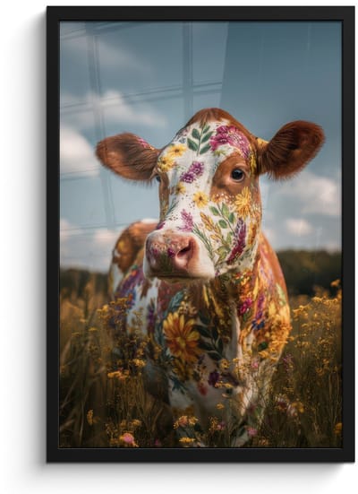 Poster in lijst - Fotolijst 40x60 cm - Posters - Koe - Bloemen - Weiland - Posterlijst zwart - Decoratie - Wanddecoratie woonkamer - Muurdecoratie slaapkamer