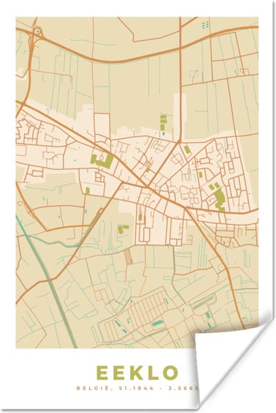 Poster Retro - Plattegrond - Stadskaart - Kaart - België - 120x180 cm XXL