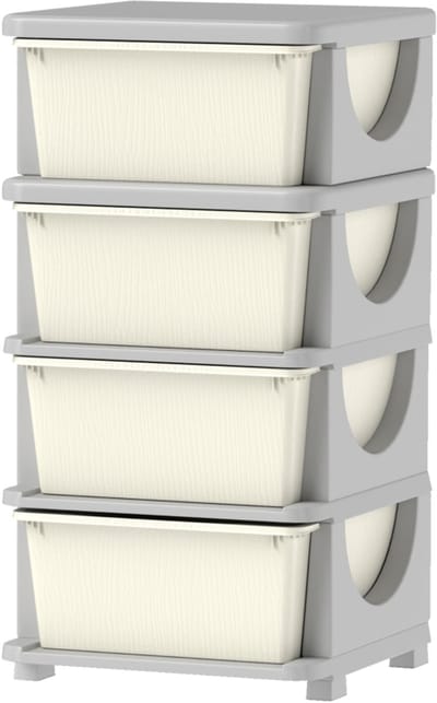 Crèmewitte Kunststof Opbergkast 37 x 37 x 76 cm, Kast met 4 Laden voor Speelgoed en Kleding, Zit- en Opbergmeubel met Afgeronde Hoeken, Multifunctionele Kinderkast voor Kinderkamer, Speelkamer en Woonkamer, Tot 10 kg per Lade