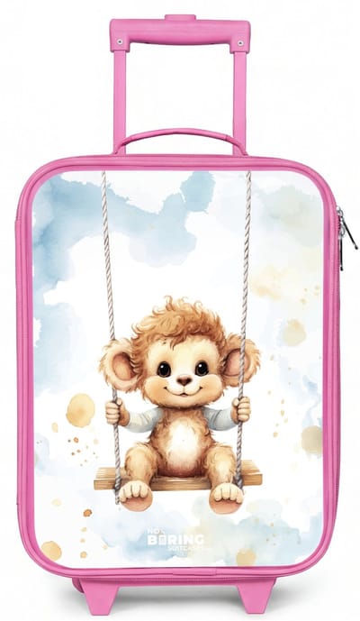 NoBoringSuitcases.com® - Kinderkoffer roze - Kindertrolley meisje - Schommelend aapje van waterverf - Koffer kind lichtgewicht - Reiskoffer trolley voor kinderen - Koffertje met lichtgevende wieltjes - Rolkoffer