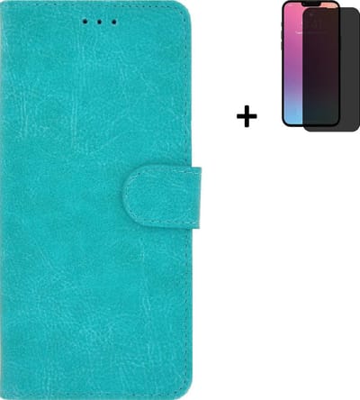 Hoesje Geschikt voor iPhone 13 Mini + Screenprotector iPhone 13 Mini - iPhone 13 Mini Hoes Wallet Bookcase Turquoise + Privacy Tempered Glass