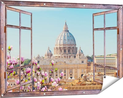 Gards Tuinposter Doorkijk Sint Pietersbasiliek in Rome met Bloemen - 120x80 cm - Tuindoek - Tuindecoratie - Wanddecoratie buiten - Tuinschilderij