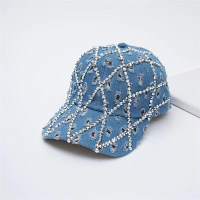 Dames Bling Diamant Ruit Strass Denim Baseballpet, Verstelbare Zon Hoed Voor Dagelijks, Reizen, Feest, Meerdere Kleuren Beschikbaar Adjustable gray