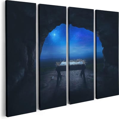 Artaza Canvas Schilderij Vierluik Kribbe in een Grot onder de Ster Van Bethlehem - 80x60 - Foto Op Canvas - Canvas Print