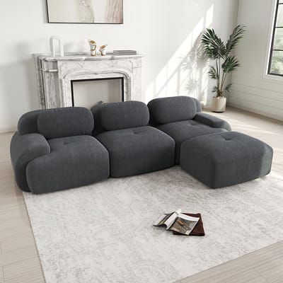 BLACKCOLORS Modulaire hoekbank zonder montage, ergonomisch en geschikt voor huisdieren, van corduroy met extra brede armleuningen, zeer elastische 32D-vulling voor woonkamer en slaapkamer, grijs