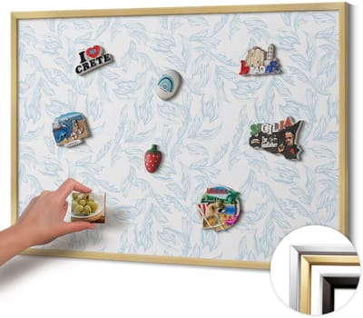 Wallfluent - Blauw Magneetbord in Stijlvolle Kleuren - 100 cm x 70 cm - Magneetbord met Gouden Frame - Regelmatig bladpatroon - Magneetbord voor Foto's en Notities - Magnetisch Bord Foto Bevestiging - Magneetbord voor Reissouvenirs