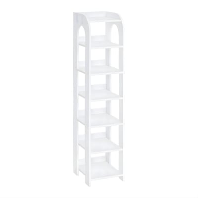 Schoenenrek – Voor Hal & Kast – Verticale Schoenenkast met 7 Niveaus, Smal Schoenenrek voor Kleine Ruimtes met Haken – Wit