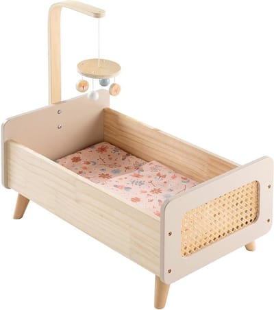 Houten Poppenbed met Mobiel en Beddengoed voor Poppen tot 50 cm