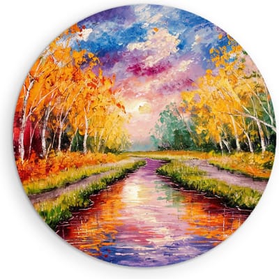 Saammp Muurcirkel Hout - Kleurrijke bomen naast een rivier - Natuur - Ø 90 - Wandcirkel - Wanddecoratie Cirkel - Muurdecoratie Woonkamer - Slaapkamer decoratie - Rond Schilderij