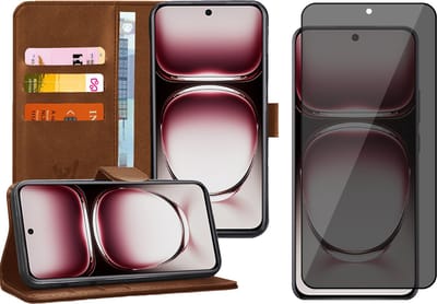 Hoesje geschikt voor Oppo Reno 12 - Privacy Screenprotector Volledig Dekkend Glas - Portemonnee Book Case Bruin