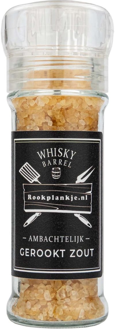 Rookplankje.nl - Ambachtelijk Gerookt Zout in Molen - Whisky Barrel - 100 gram