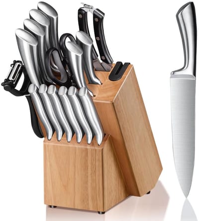 DailySupplies® Messenset met Blok - Messensets - Messenblok - Koksmessen - Keukenmessen Set - RVS - Super Scherp - Zilver met Zwart en Bruin