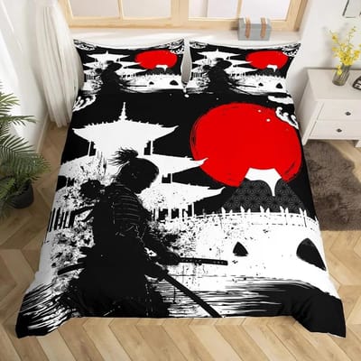 Japanse Samurai Beddengoed Set Queen King Size Kersengebladeren Rode Zon Hokusai Dekbedovertrek Fuji Berg Dekbed Dekbedovertrek AU Single(140*210cm)3pcs