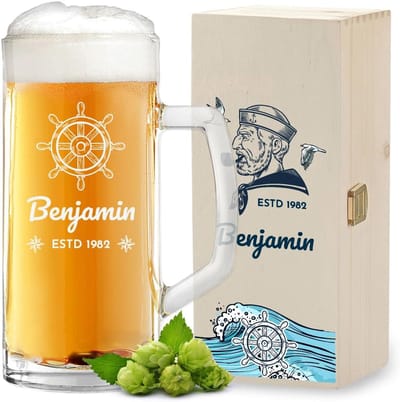 Bierpul Cadeauset - Met Houten Kist - Persoonlijk Cadeau - Individueel Bedrukbaar - 05 Liter Inhoud - Transparant Glas