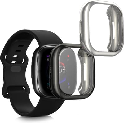 kwmobile 2x smartwatch hoes geschikt voor Fitbit Versa 4 / Sense 2 hoesje - Siliconen sporthorloge cover - Activity tracker case in zwart / zilver