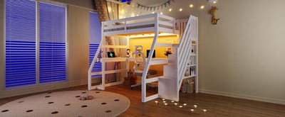 Hoogslaper 90x200 met Bureau en Opbergtrap - Wit - LED, USB