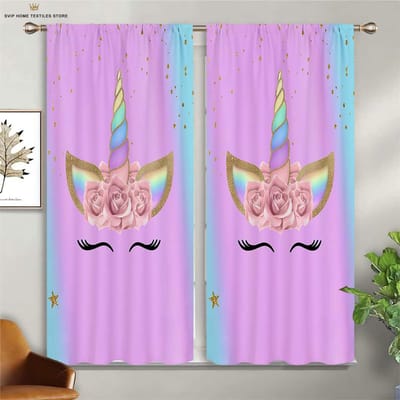 3D Cartoon Karakter Anime Eenhoorn Gordijn, Gordijnen Regenboog Paard Gordijn, Gordijnen 2 Panelen, Kinderkamer, Jongens, Meisjes Slaapkamer, Hobbykamer, Studeerkamer Decoratie W50X130H(CM)X2PCS&Grommet Top