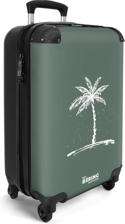 NoBoringSuitcases.com® - Handbagage koffer lichtgewicht - Reiskoffer klein op wielen - Groen met witte palmboom - Rolkoffer met wieltjes - Past binnen 55x40x20 en 55x35x25 - Cabin trolley met TSA slot - Suitcase