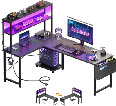 Gaming Bureau Hoekbureau L-vorm - Met RGB LED Verlichting, Stopcontacten & USB Poorten - Omkeerbaar Computerbureau met Opbergrek en Monitorstandaard - Werkbureau voor Gaming, Thuiswerk, Kantoor, PC Bureau