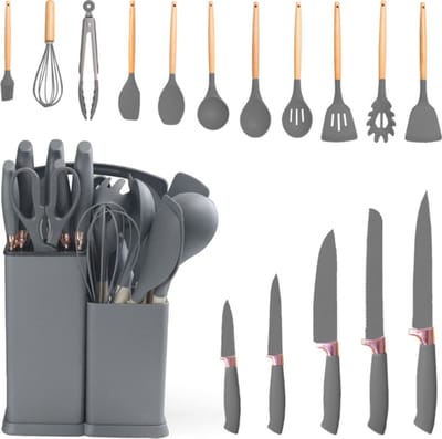 Rieba® Keukengerei en Messenset – 19-Delig – Met Houder – Hittebestendig Siliconen – BPA-vrij – Houten Accenten – Grijs