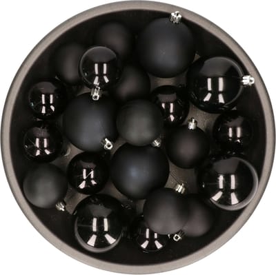 Kerstversiering kunststof kerstballen zwart 6-8-10 cm pakket van 22x stuks - Kerstboomversiering
